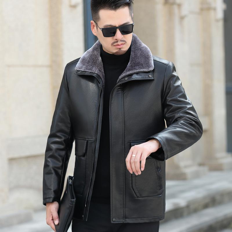 Winter new style genuine leather jacket men's sheepskin down jacket mid-length lapel leather jacket plus fleece jacket trendy