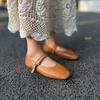 Johnature Genuine Leather Buckle Strap Women's Flats Shoes Retro Square Toe Soft Soles Solid Color Shoes