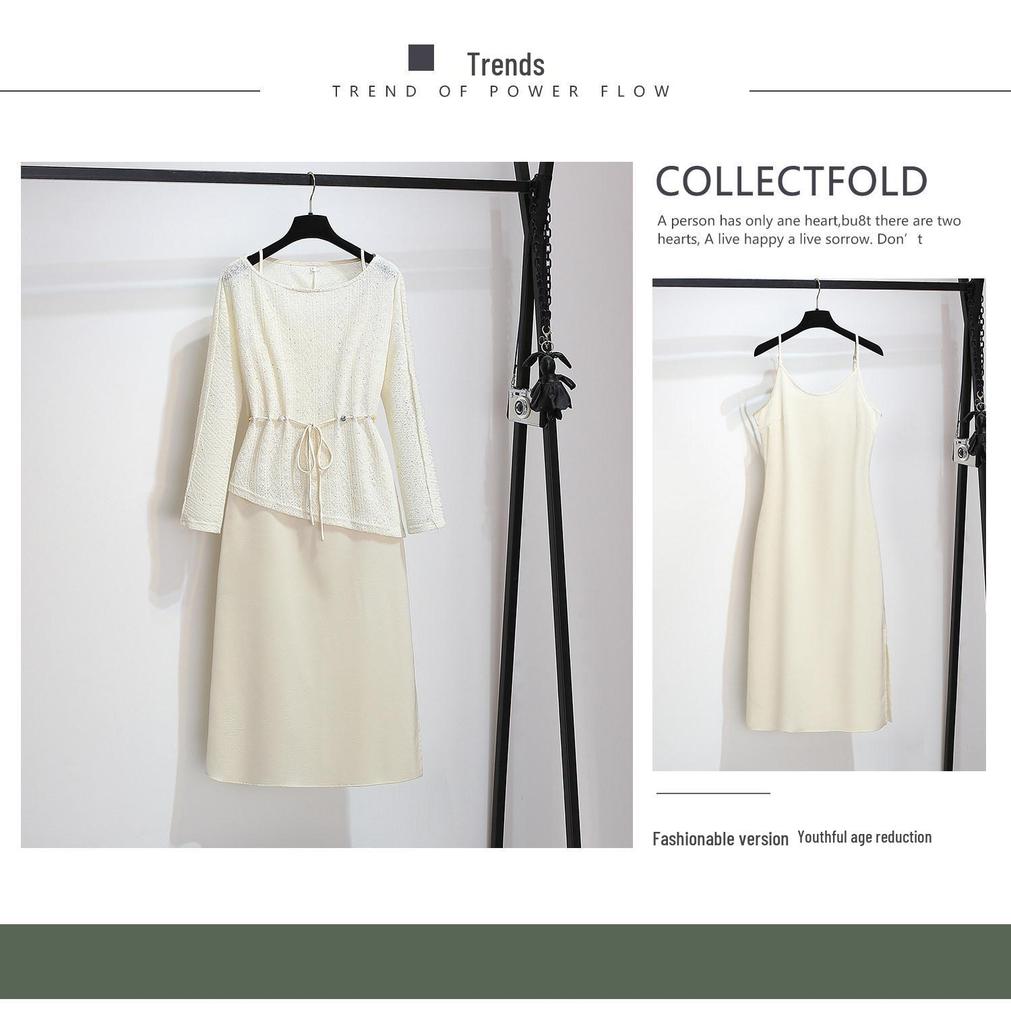 Women's Spring 2026 High-End Two-Piece Set: Satin Slip Dress & Knitted Cardigan