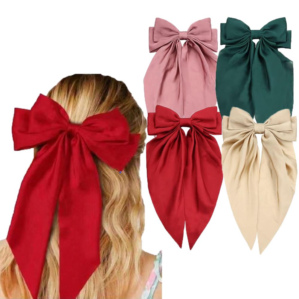 4/8pcs Ladies Satin Large Ribbon bow Oversized bow Long tail hair clip spring clip ponytail Hair accessorie