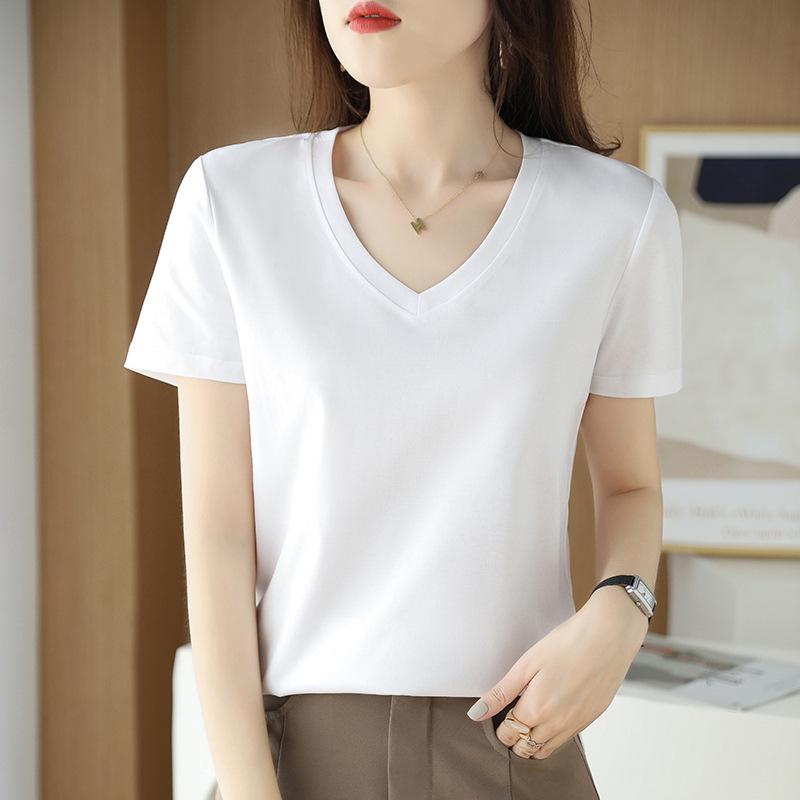 Women's V-Neck Mercerized Cotton Short-Sleeve T-Shirt - 2025 Summer Collection, Sweetheart Neckline