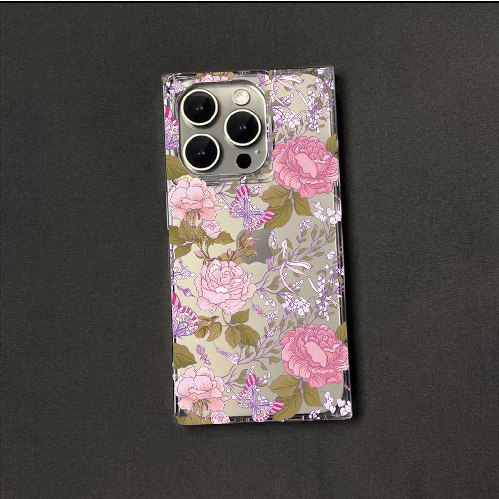 Clear Square Back Tube Case Protection For iPhone 13 12 15 Plus 14 Pro Max 11 16 ProMax Anti-Oxygen,Romantic Spring Pattern Casing