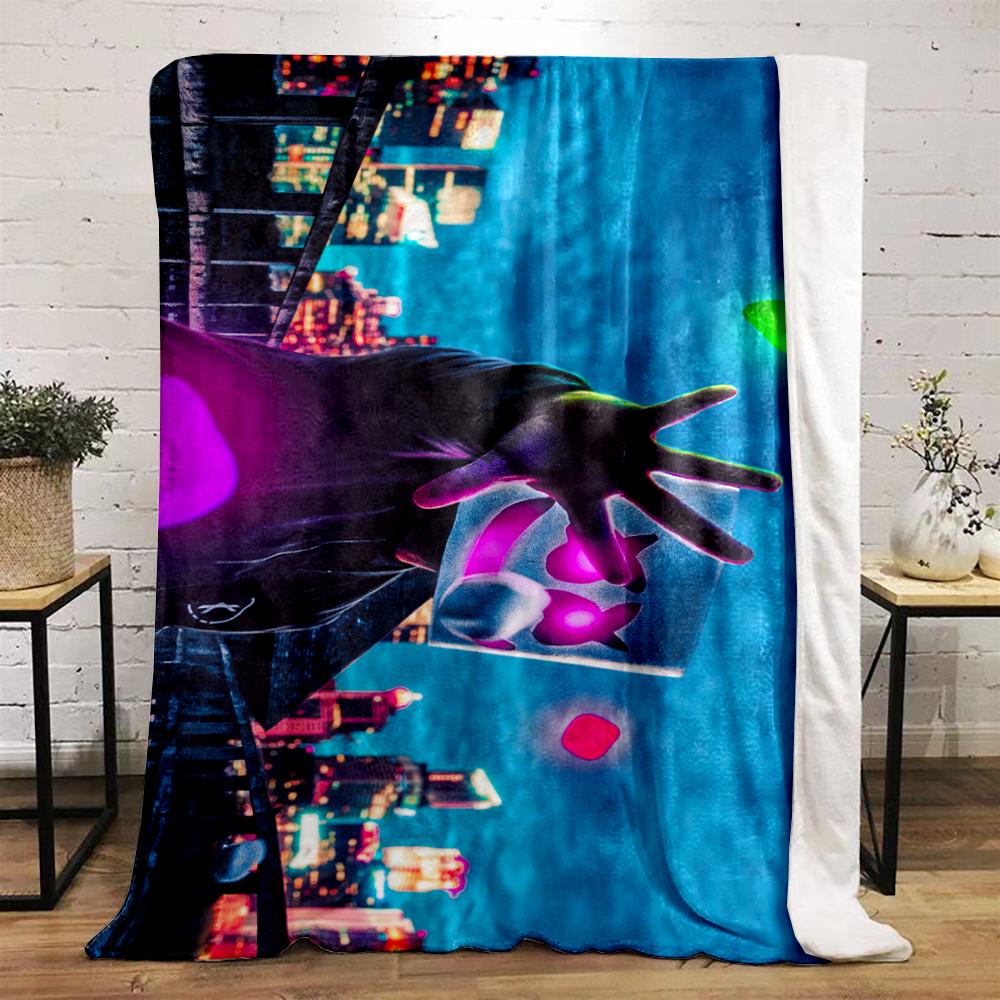Colorful masked character in urban neon glow. Flannel blanket for bedroom, living room, sofa, and nap.