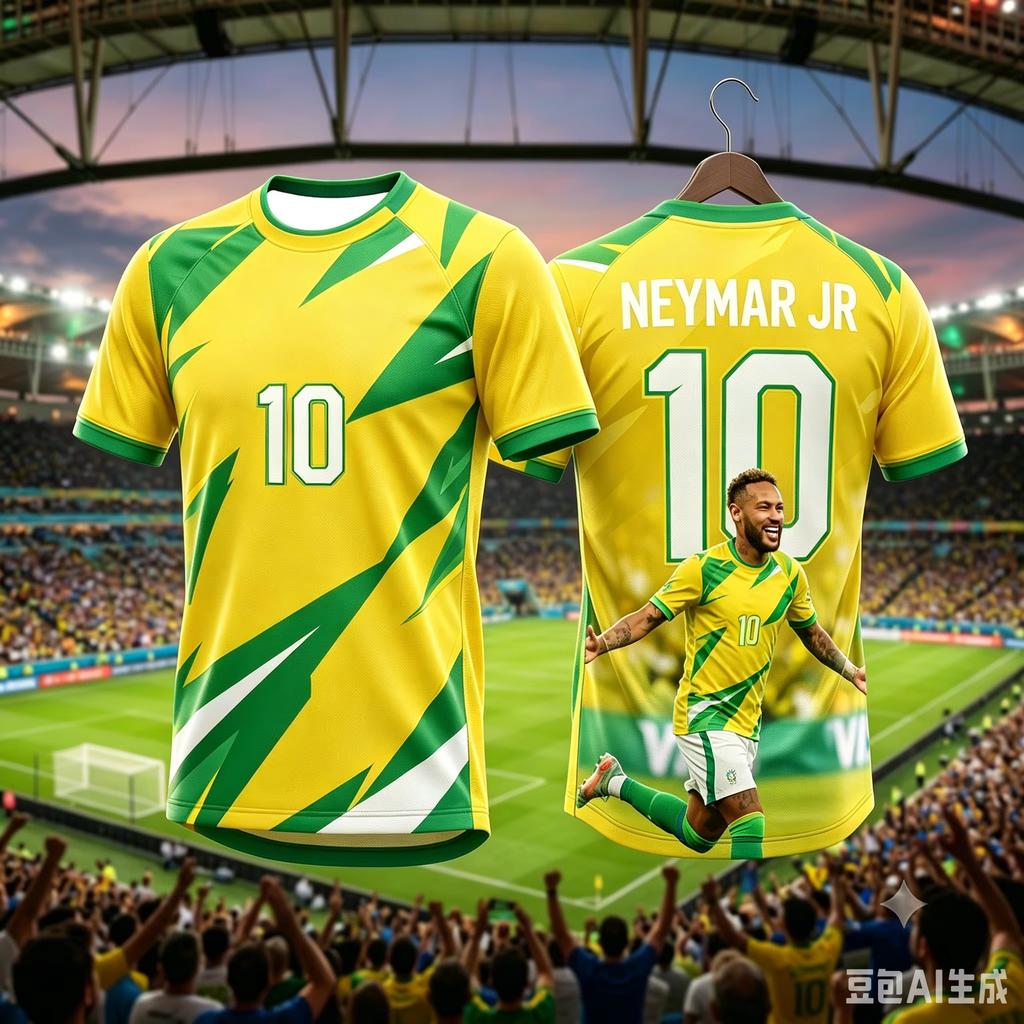 Brasilien Fan Fußball T-Shirt Neymar #10 Geometrisches Muster Spielerporträt Atmungsaktiv Schnelltrocknend Trainings-T-Shirt Fan Sport Oberteil