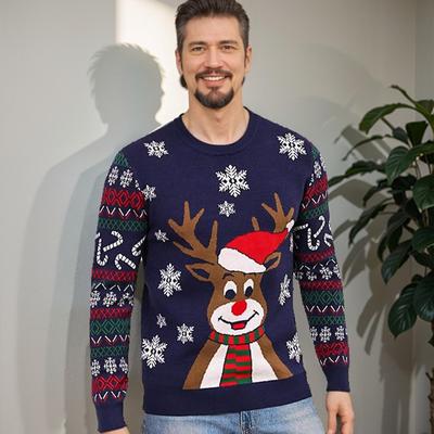 Neuer Herren Strickpullover Weihnachten Lässig Slim-fit Fauler Wind Rundhals Wolle Splicing Strickpullover