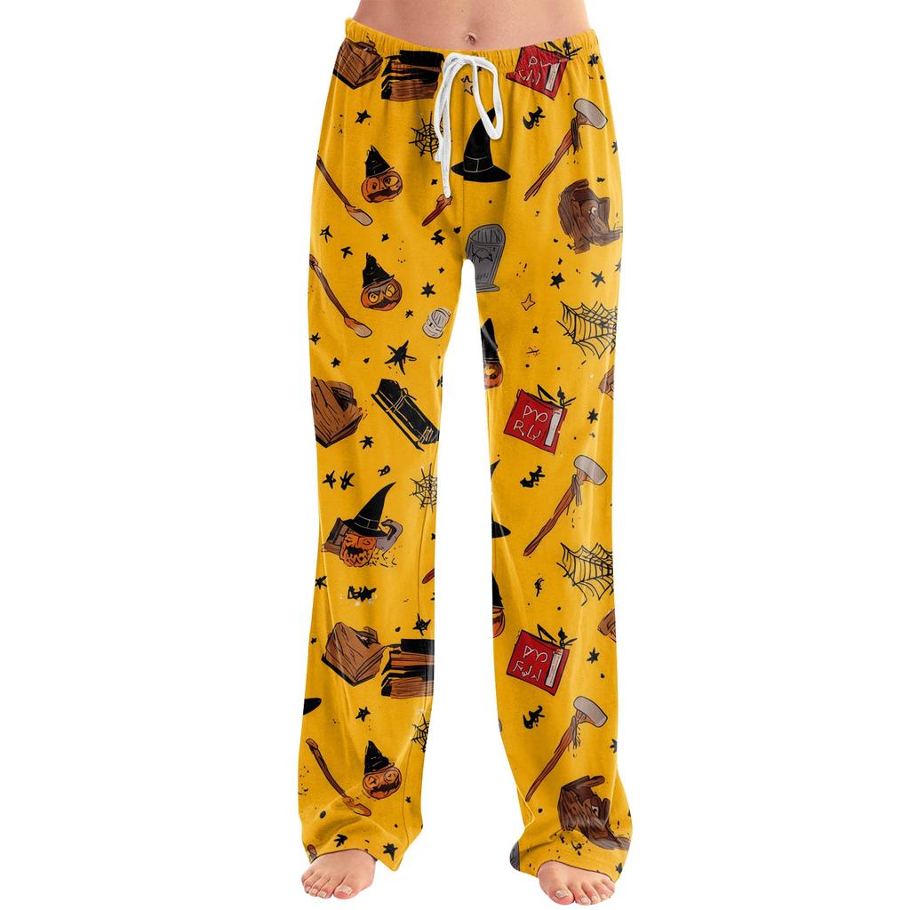 Women Drawstring Lounge Pants Halloween Print Casual Loose Fit Full Length Pajama Bottoms with Elastic Waistband and Relaxed Style