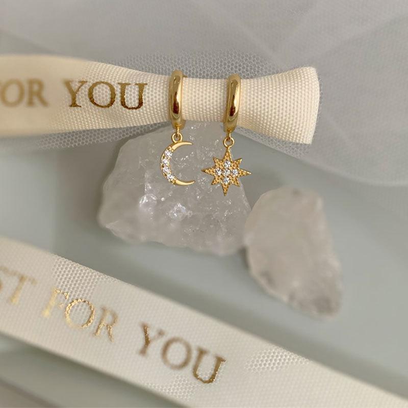 S925 Silver Star & Moon Asymmetrical Earrings - Niche Design with Eight-Point Star Studs for Women