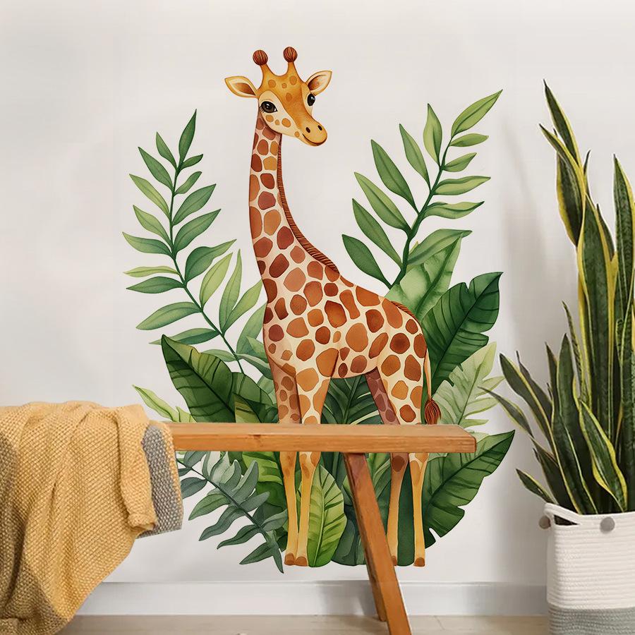 Cartoon Giraffe Green Leaves Wall Sticker Kids Room Bedroom Wall Decoration Cute Self-Adhesive