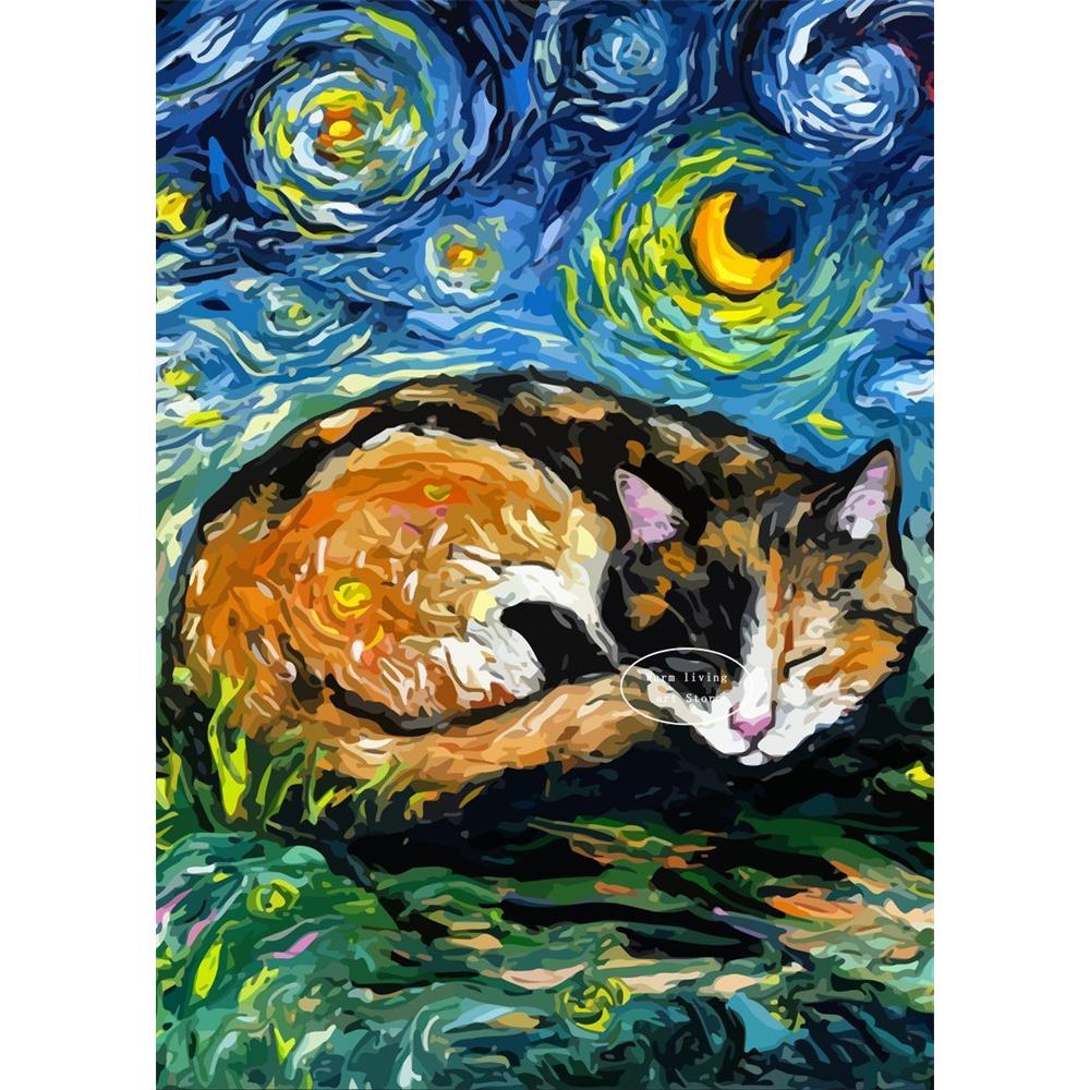 5D Diy Diamond Painting Cross Stitch Embroidery Mosaic Funny Black Cat Flower Van Gogh The Starry Night Full Round Drill Home Decor Wall Art Gift