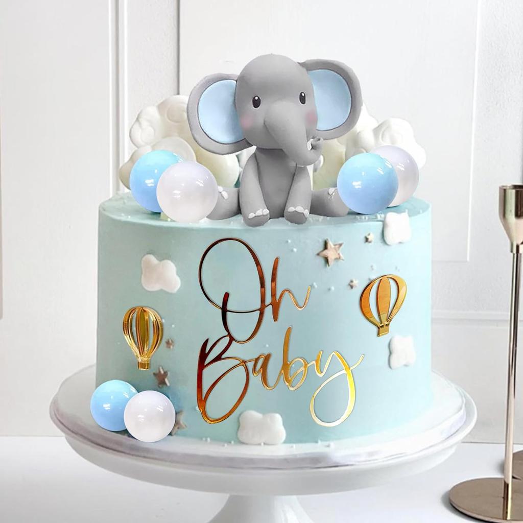 Elephant Cake Decoration Baby Cake Topper Blue White Pearl Balls Hot Air Balloon for Baby Shower Elephant Theme Birthday Party