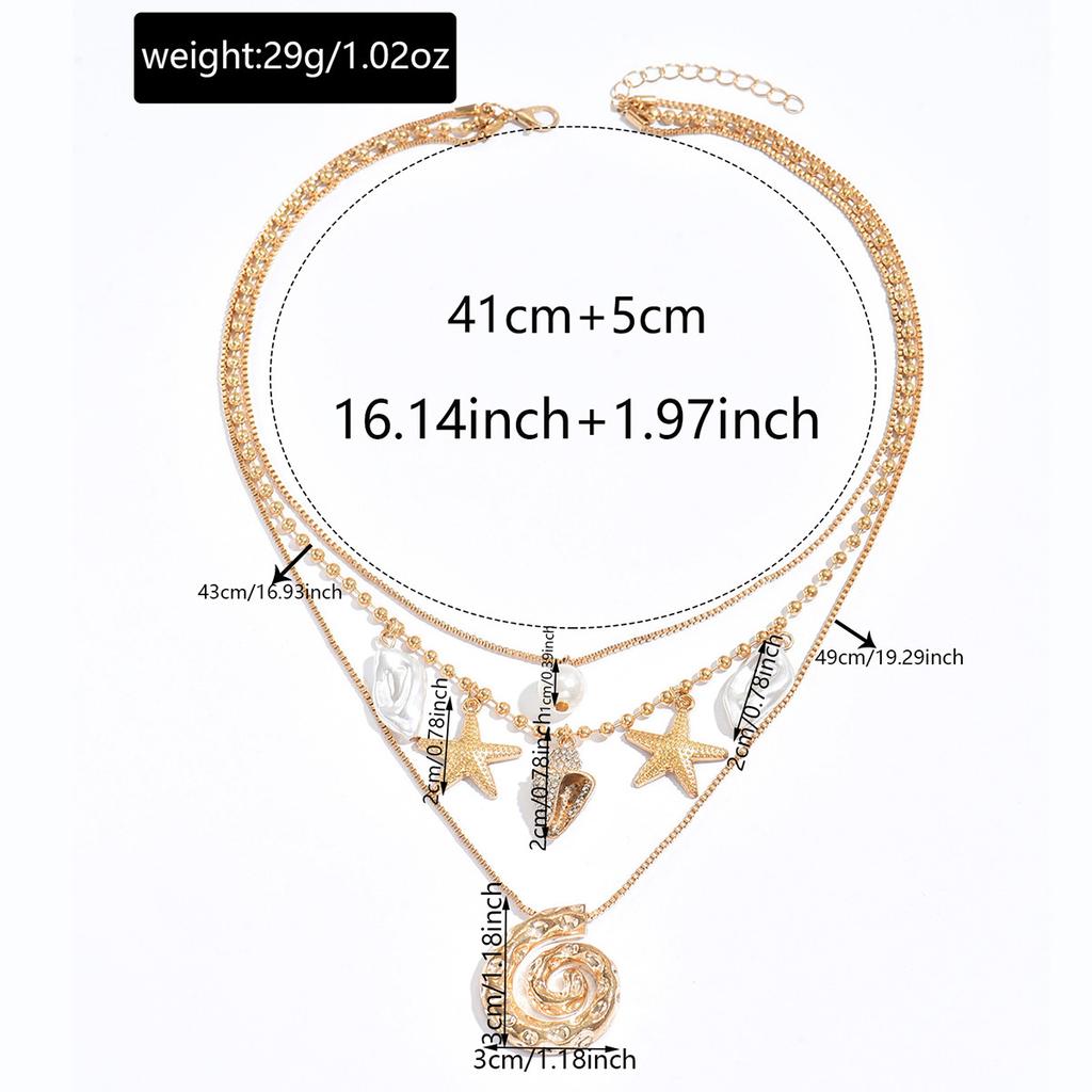 Seaside shell necklace, European and American beach starfish irregular spiral pendant, stacked on top of each other, wearing holiday style necklaces