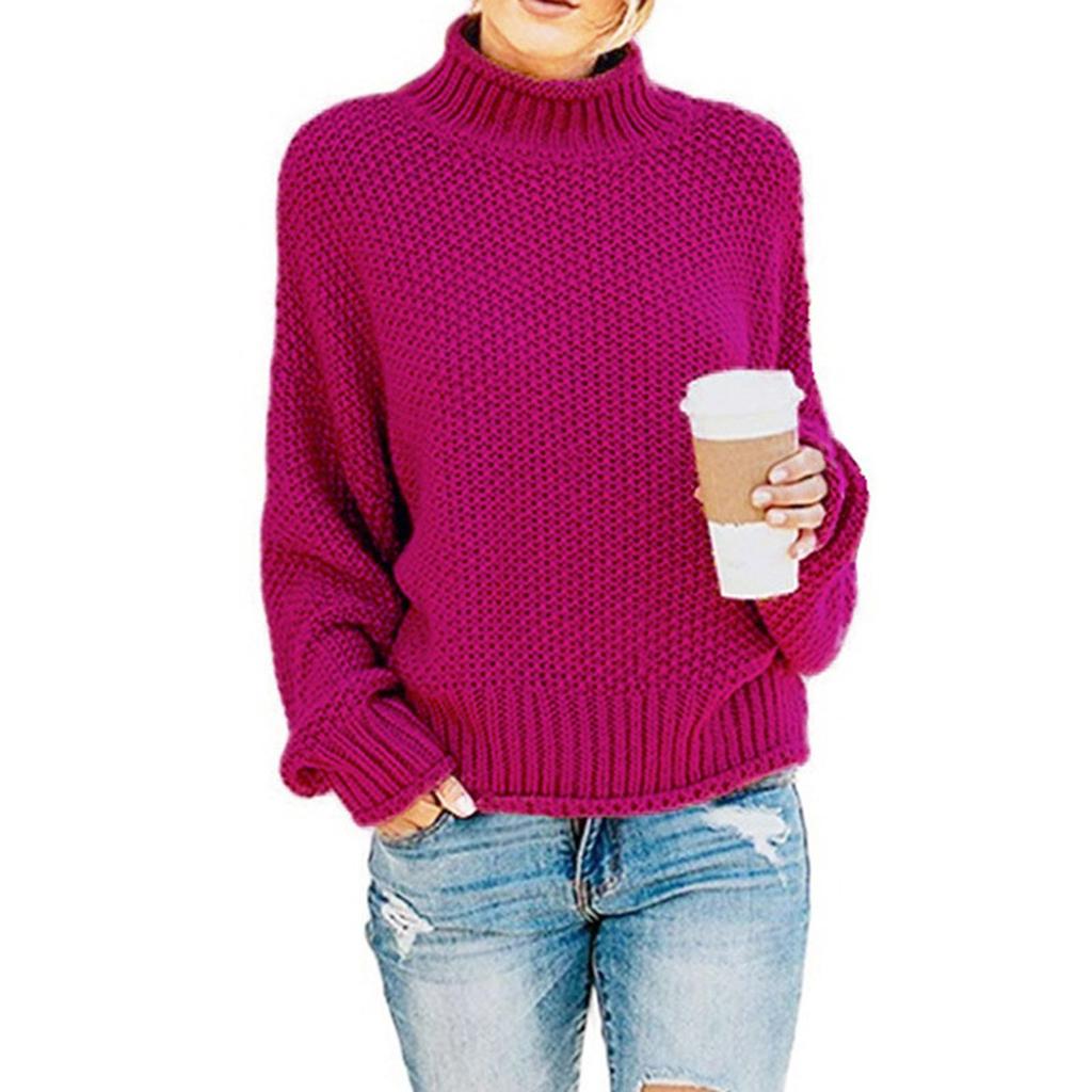 Women's High Neck Solid Color Sweater Casual Stripe Pullover Long Sleeve Sweater