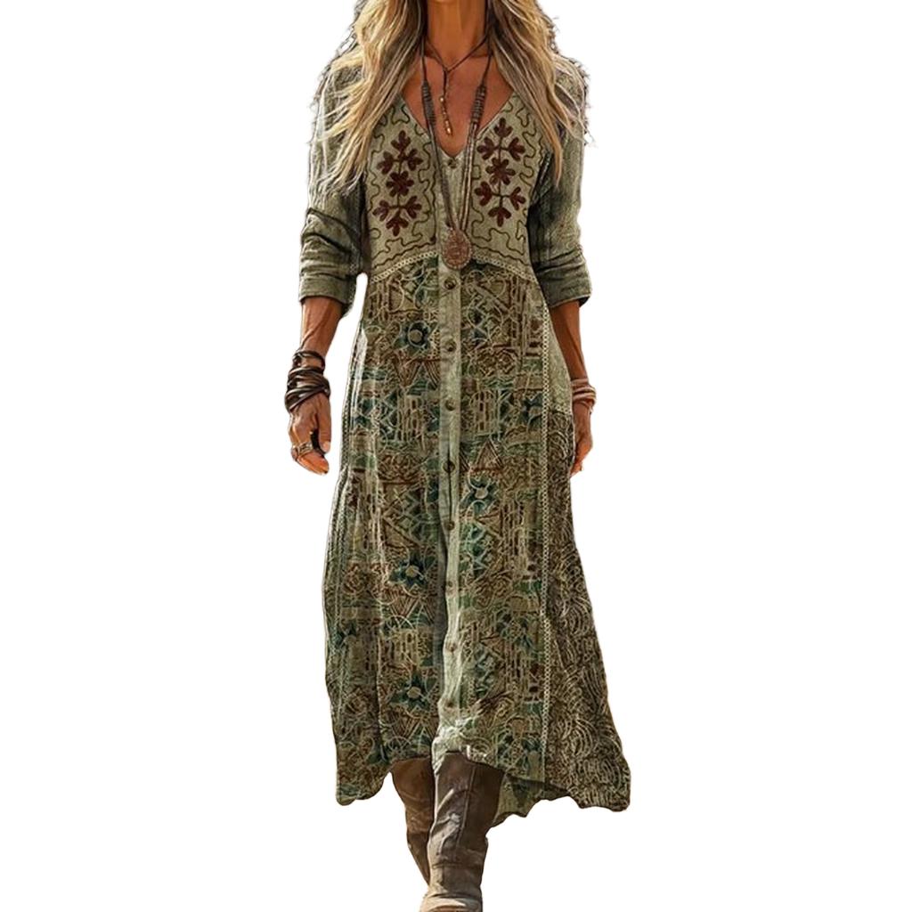 Women Long Sleeve Bohemian Maxi Dress Vintage Floral Print Ethnic Style Vacation Beach Dress Casual Loose Fit Full Length Dress