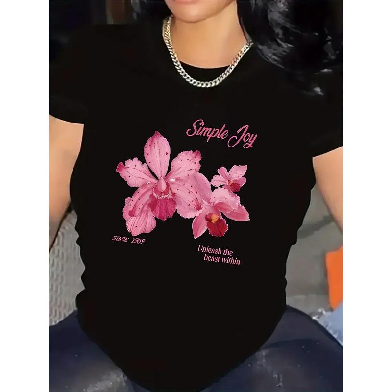 

Short Sleeve T-Shirt with Pink Orchid Design, Easy Joy Print, Lightweight and Durable for Casual Wear in Home, Restaurant, S чёрный