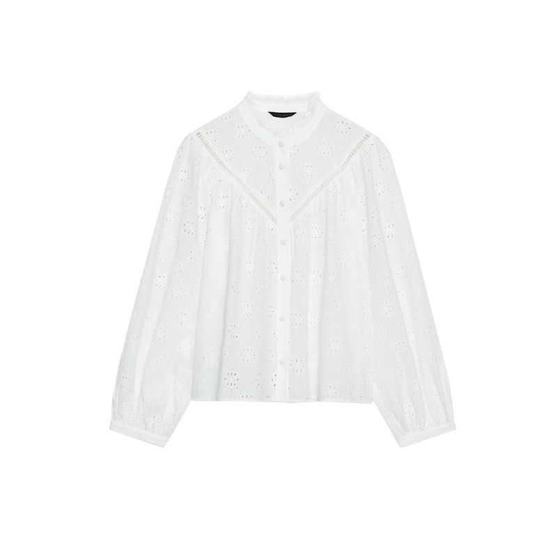 Autumn New Women's Clothing Laminated Decoration Cotton round Neck Cut Out Embroider Long Sleeve Shirt Top 8741230