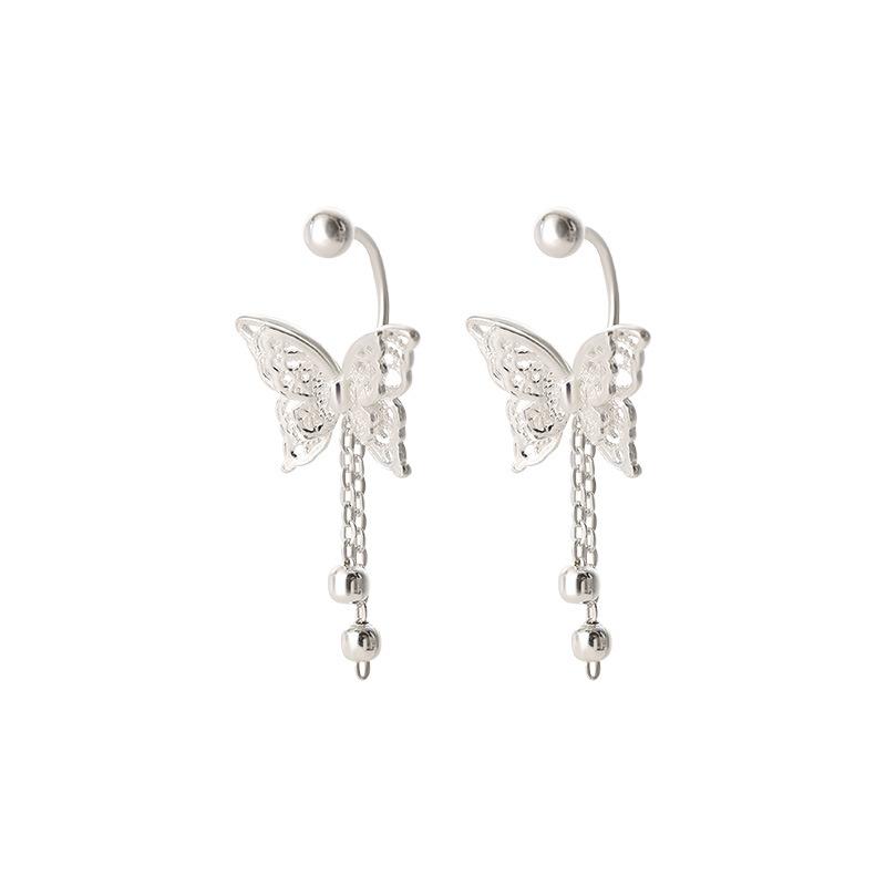 Silver Color Hollow Butterfly Tassel Earrings for Women Simple Curved Hook Screw Buckle Earrings Y2K Elegent Jewelry Gift