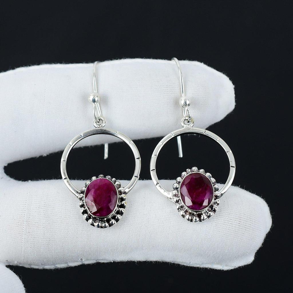 Natural Kashmir Ruby Gemstone Earrings, 925 Sterling Silver Earring, Handmade Boho Silver Jewelry Dangle Earrings, Birthday Gift For Wife