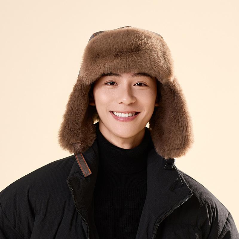 Lei Feng Hat for Men and Women Outdoor Riding Ski Pilot Plus Velvet Thickened Hat Winter PU Leather Anti Cold Ear Protection Hat