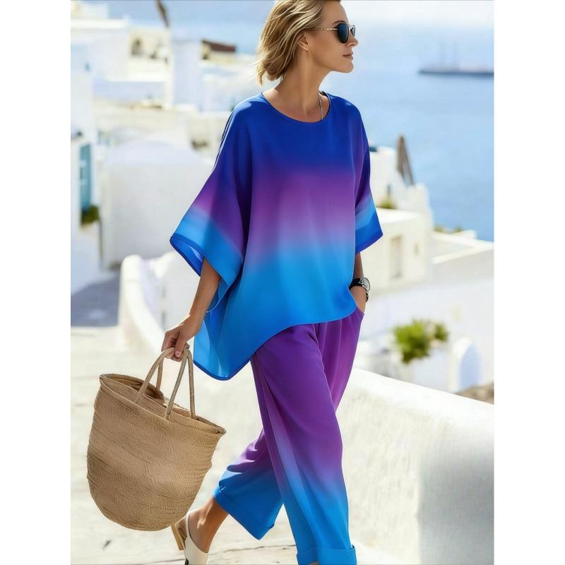 One wholesale, European and American style suit, summer loose round neck bat sleeve top, casual wide-leg pants two-piece set