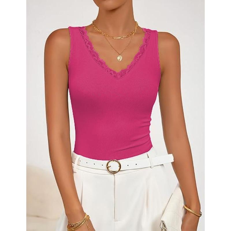 Women Hot Pink Ribbed V Neck Tank Top With Lace Trim Casual Fitted Summer Blouse S