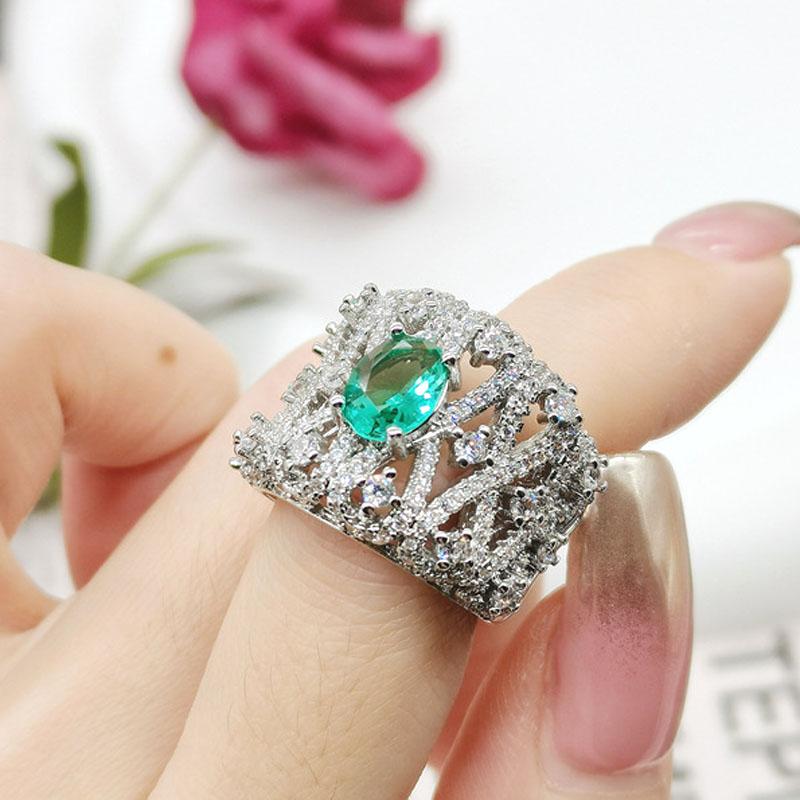 Big Wide Surface Hollow Flowers Vintage 100%  Sterling SIlver Open Rings Carved Stamp Tourmaline Stone Women Ladies Ring