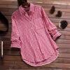 Women Turn Down Collar Gingham Check Shirt Long Sleeve Pocket Loose Curved Hem Casual Plaid Button Down Blouse