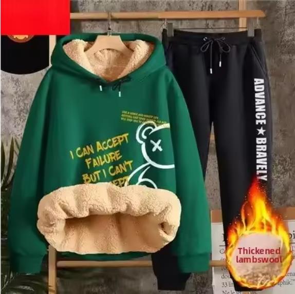 Jesień Zima Damski Zestaw Bluza z Kapturem z Wełny Jagnięcej Damska Pogrubiona Bluza Spodnie Długi Rękaw Długie Spodnie Strój Studencki