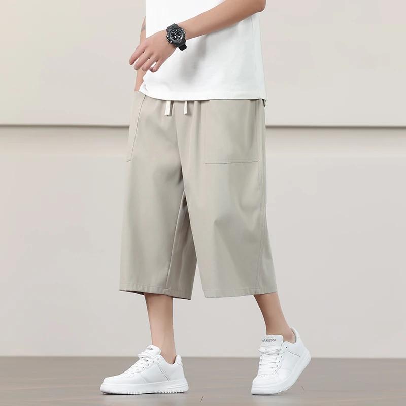 Summer Chinese Style Men Soild Color Calf Lenght Pants Men Breathable Lightweight Trousers Man Loose Daily Casual Striped Bottom