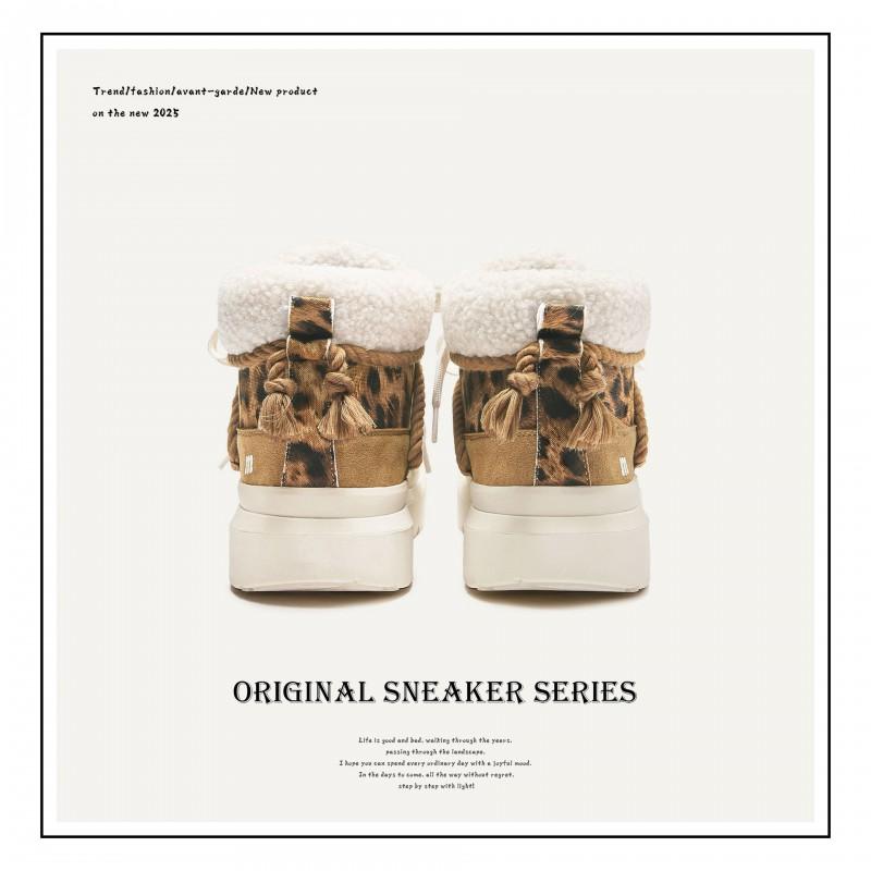 Unisex Winter Snow Boots With Leopard Print Warm Faux Fur Lining Rubber Sole Short Shaft Round Toe Lace-Up