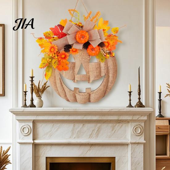Festival Seasonal Ornament for Kitchen Wooden Pumpkin Halloween Door Sign with LED Lights, Artificial Floral Hanging Decorative Pinecones Fireplace