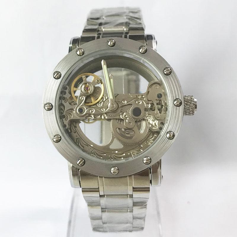 New Man Watch Luxury Mechanical Watch Men Stainless Steel Automatic Self Wind Watch Skeleton Transparent Hollow Watch
