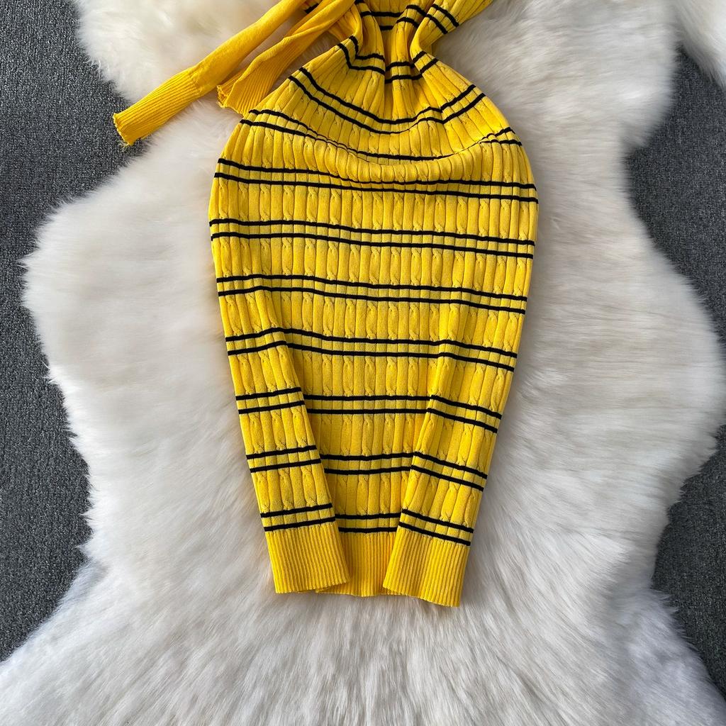 Sommer Damen Casual Kurzarm Gestreifter Strickpullover Mini Etuikleider mit Schal