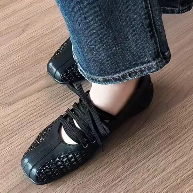 Fashion 2025 New Mesh Flats Sandals Women Ballet Shoes Marie Janes Square Toe Hollow Loafers Shoes Summer Shallow Casual Sneakers