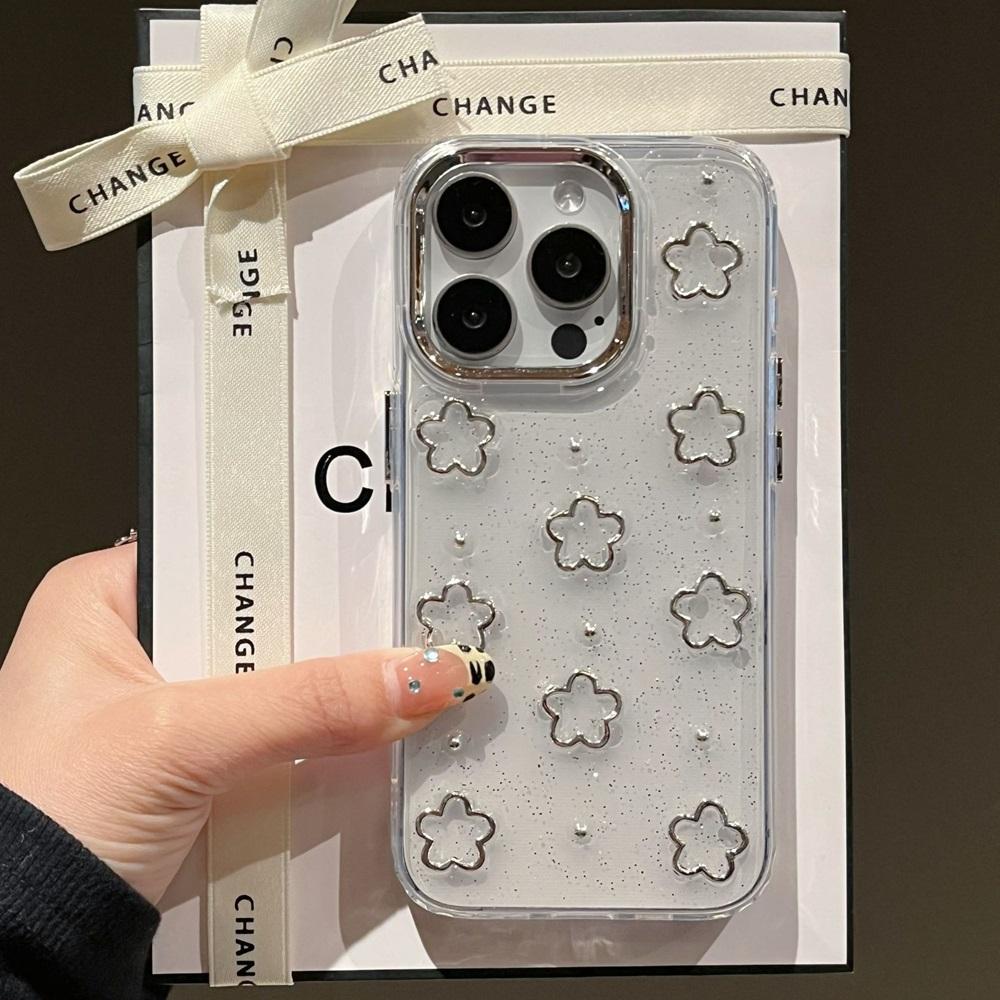 

INS Korea 3D Silver Flower Beads Phone Case For iPhone 16 15 14 13 12 11 Pro Max Plus Glitter Epoxy Girl Clear Bumper Back Cover For iPhone 16 Pro Max