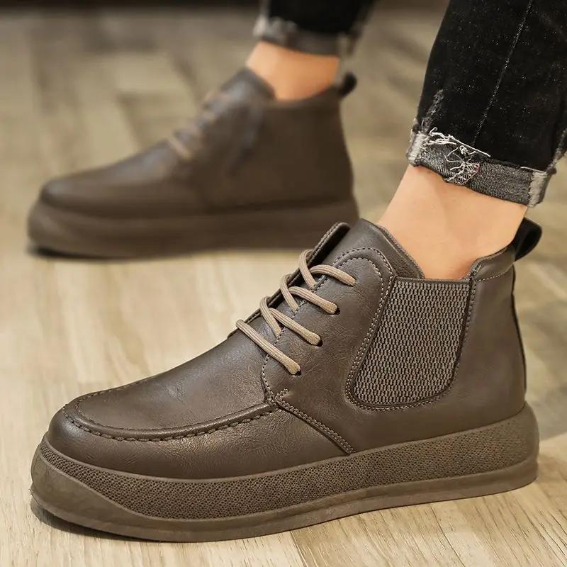 Thick Sole Man Casual Boots Non Slip and Waterproof Platform Leather Shoes for Men Lace Up Designer Elegant Pu New In On Sale