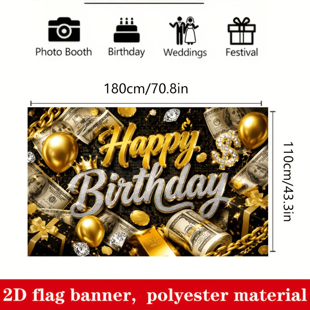 Black Gold Luxury Birthday Party Backdrop Banner, Cash Gold Bars Balloons Diamond Gift Photo Background, Polyester Indoor Outdoor Wall Decor