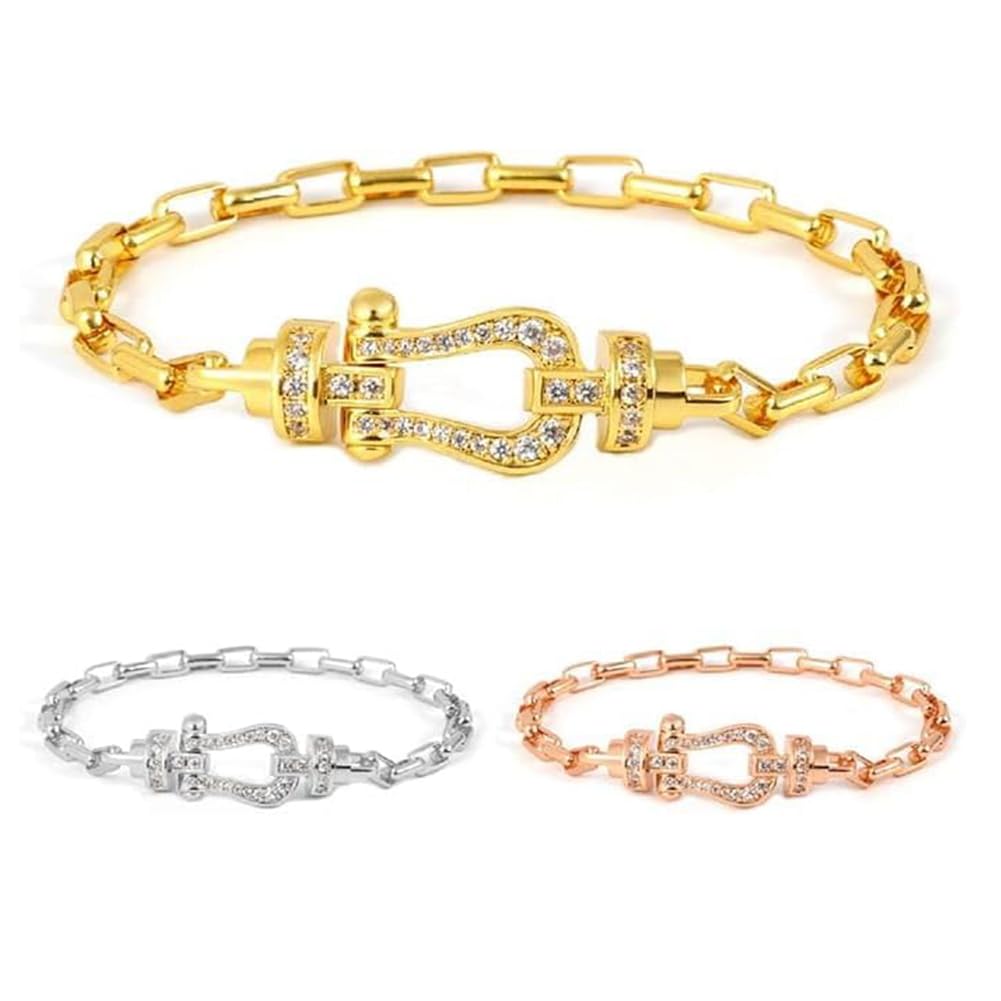 Symbol of Good Luck Horseshoe Bracelet for Women Stainless Silver Zirconia Horseshoe Bracelet Shiny CZ Diamond Bangle Horseshoe Hypoallergenic (Gold)