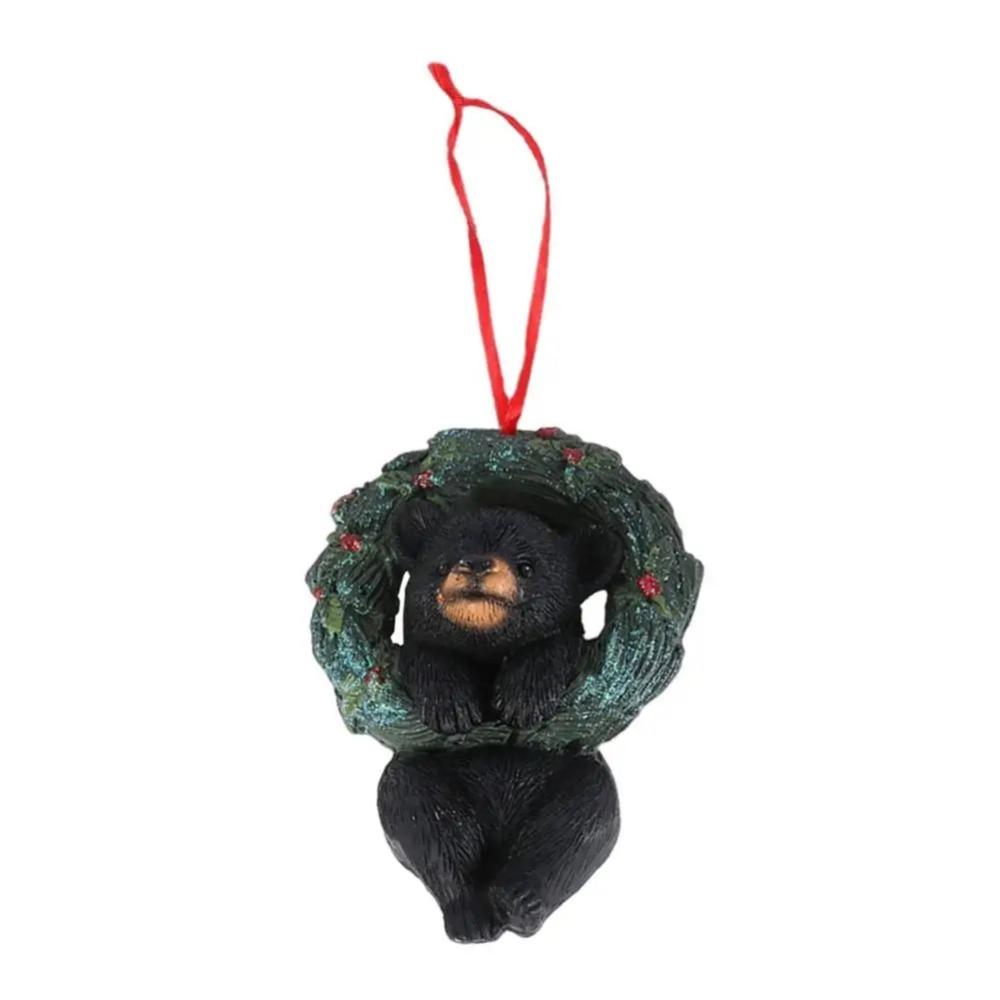 Resin Crafts Christmas Tree Pendant Cartoon Animals Mini Bear Statue Wreath  Room Decoration