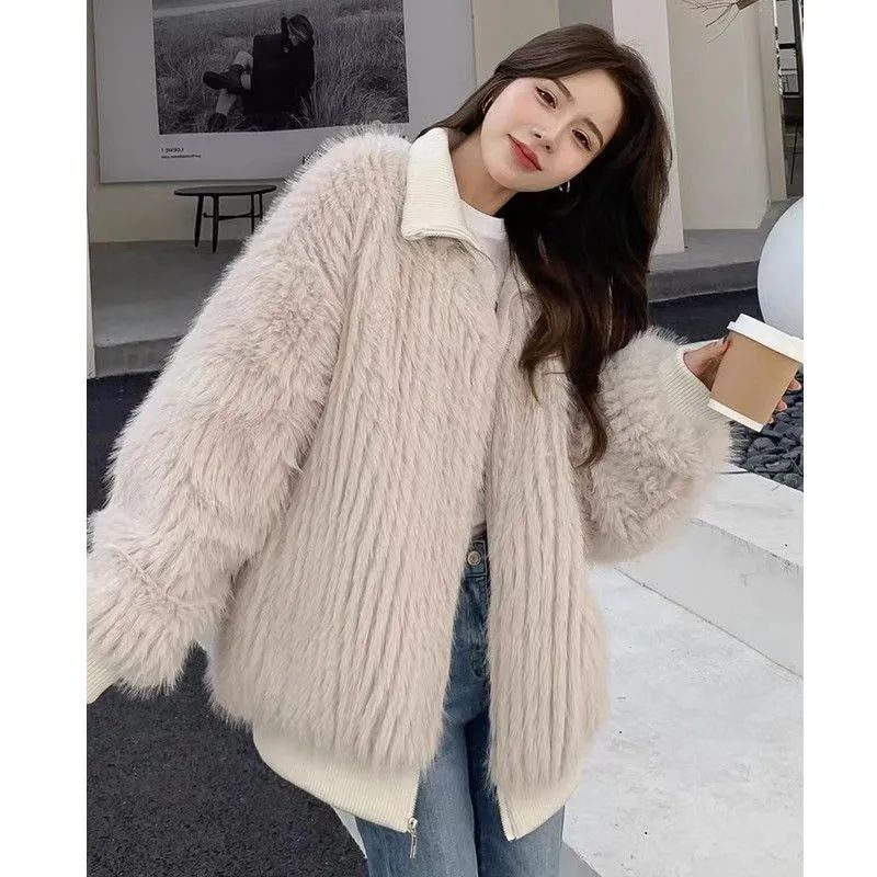 Fur jacket women's imitation mink hair autumn and winter new thickened plush coat medium and long loose square neck coat