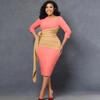 Large Size Women Fashion Patchwork Mid Sleeves Business Dress Ladies Elegant One Piece Skew Collar Sheath Dress