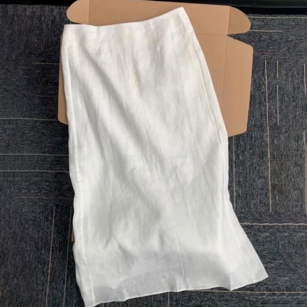 Hochwertiger Damen-Midi-Rock aus weißer Tencel-Baumwoll-Leinen-Mischung - Hochtaillierter Rock mit langem Schlitz für den Sommer mit luxuriösem Flair