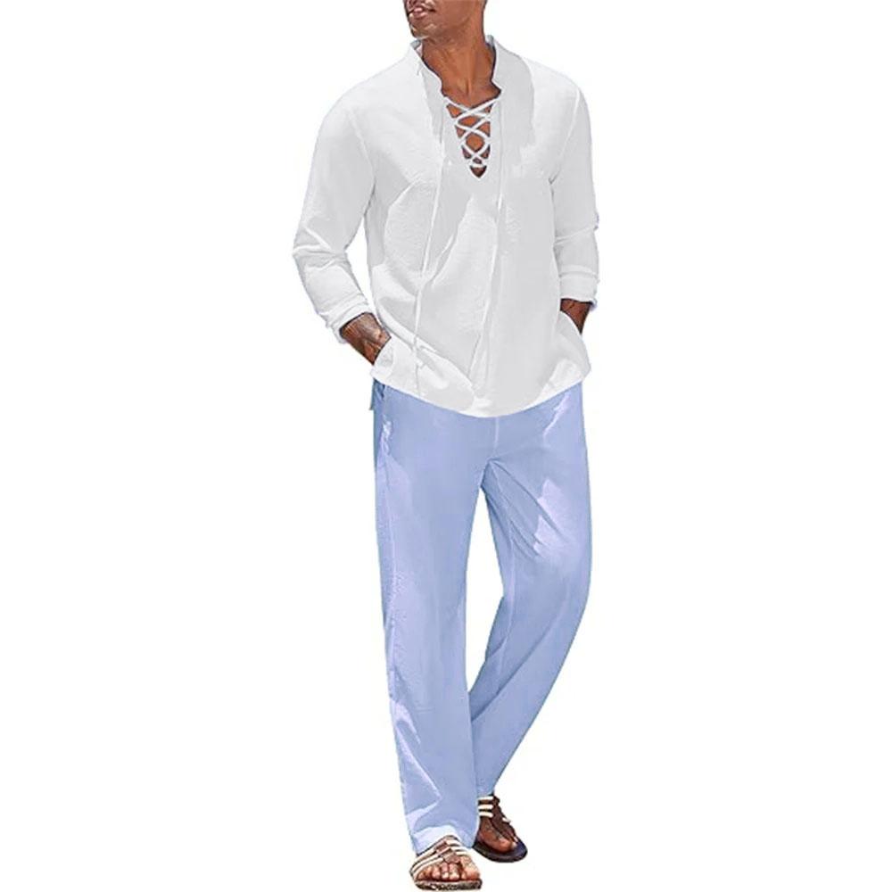 

Комплект із 2 предметів. Чоловіча бавовняна лляна сорочка та брючні костюми для чоловіків Пляжний одяг Спортивний костюм Чоловічі однотонні сорочки Спортивні штани Легкі XXXL синій/білий