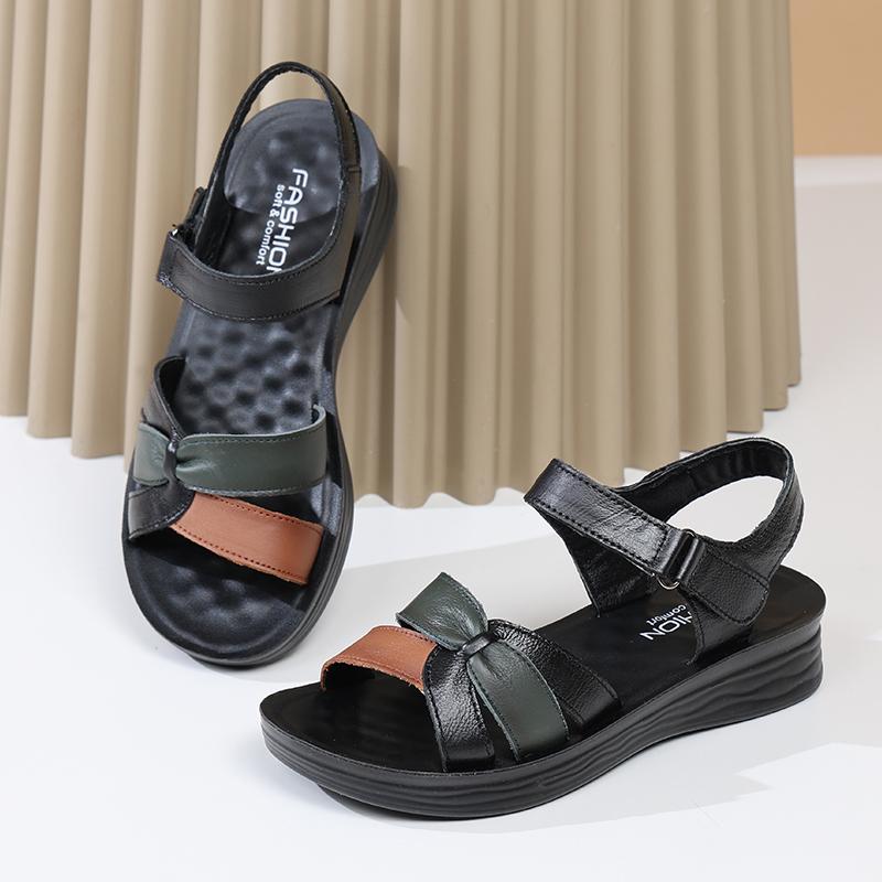 Top layer cowhide mom sandals for women's summer new soft bottom, non slip, comfortable, versatile leather flat sandals