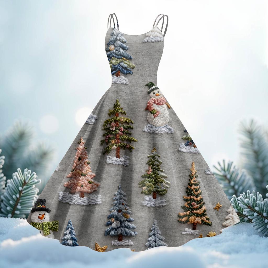 Women's Christmas Print Casual Fashion Round Neck Mid-Length Dress