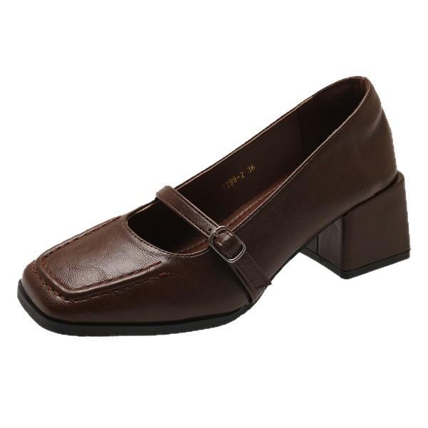 Retro square head high heels light mouth single shoes women's spring and autumn new loafers French thick heel Mary Jane small leather shoes women