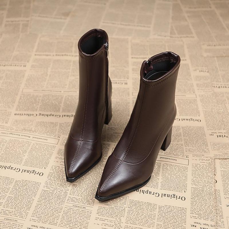 

Осень Зима Острый Носок Толстый Каблук Женские Ботильоны Мода Женские Стройнящие Короткие Ботильоны Zapatos De Mujer 35 коричневый