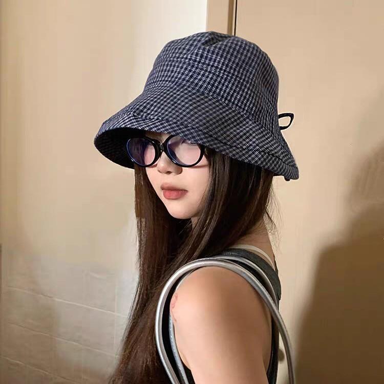 Women's Japanese Style Plaid Rolled Brim Bucket Hat Summer Wide Brim Quick-Dry Sun Protection Fashion Basin Hat