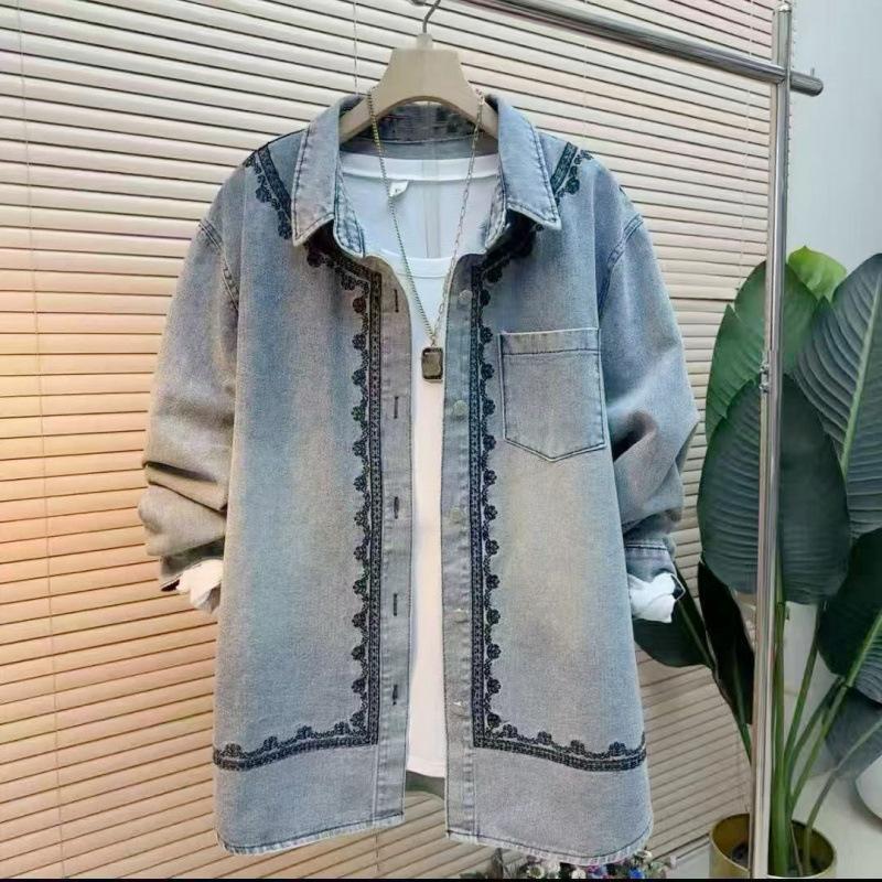 Embroidered lace lapel long-sleeved denim shirt jacket women's ins spring and autumn medium and long loose shirt