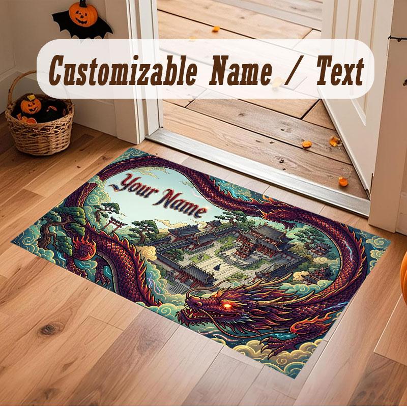 Dragon Theme Crystal Velvet Floor Rug Personalized Custom Name Text Warm Carpet Home Decoration