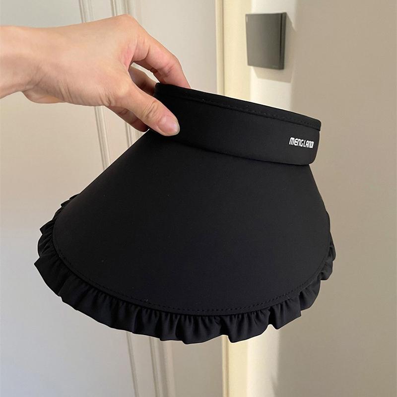 

Summer Lace Ruffle Ice Silk Empty Top Hat for Women Large Brim Sunscreen Ponytail Hats Outdoor Travel Beach UV Protection Cap чорний